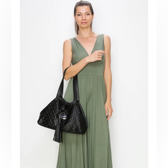 Leather Shoulder Bag Stacie Black Pyramid Tote With Horn Tassel